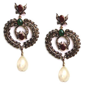 uncut earrings 12.24 Tcw emerald, ruby, pearl Rose Cut Diamond 925 Sterling Silver antique jewelry