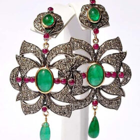 antique earrings 9 Tcw Emerald, Ruby Rose Cut Diamond 925 Sterling Silver antique vintage jewelry