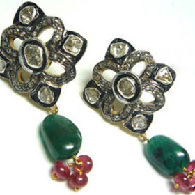 antique earrings 4.05 Tcw Emerald, Ruby Rose Cut Diamond 925 Sterling Silver vintage style jewelry