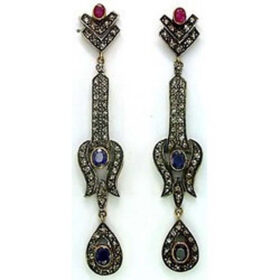 vintage earrings 4.05 Tcw Ruby, Blue Sapphire Rose Cut Diamond 925 Sterling Silver art deco jewelry