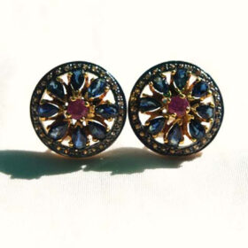 polki earrings 2.5 Tcw Ruby, Blue Sapphire Rose Cut Diamond 925 Sterling Silver vintage art deco jewelry