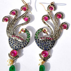 vintage earrings 10 Tcw ruby, emerald, sapphire Rose Cut Diamond 925 Sterling Silver antique jewelry