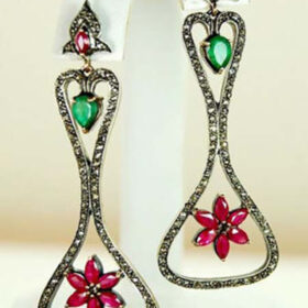 polki earrings 5.25 Tcw Emerald, Ruby Rose Cut Diamond 925 Sterling Silver fine antique jewelry