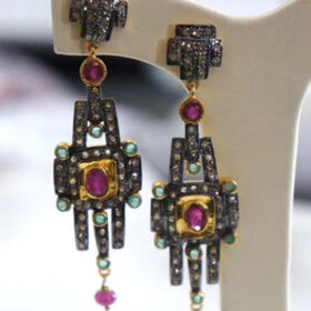 victorian earrings 4.45 Tcw Emerald, Ruby Rose Cut Diamond 925 Sterling Silver vintage jewelry