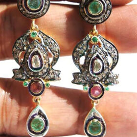 rose cut earrings 5.65 Tcw Emerald, Ruby Rose Cut Diamond 925 Sterling Silver antique vintage jewelry