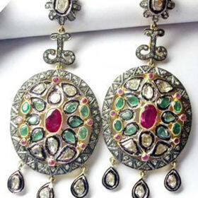 rose cut earrings 6 Tcw Emerald, Ruby Rose Cut Diamond 925 Sterling Silver antique vintage jewelry