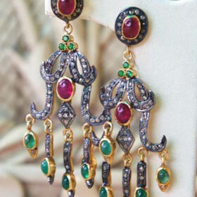 antique earrings 6.56 Tcw Emerald, Ruby Rose Cut Diamond 925 Sterling Silver victorian jewelry