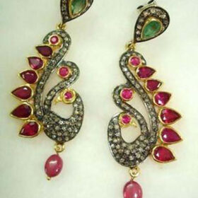 polki earrings 6.75 Tcw Emerald, Ruby Rose Cut Diamond 925 Sterling Silver vintage jewelry