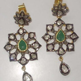 victorian earrings 4.2 Tcw Emerald Rose Cut Diamond 925 Sterling Silver vintage jewelry