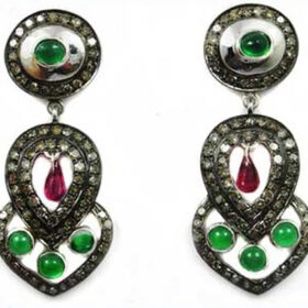 vintage earrings 7.04 Tcw Ruby, Emerald Rose Cut Diamond 925 Sterling Silver vintage diamond jewelry