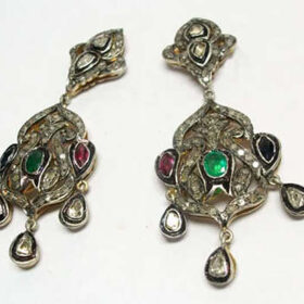 polki earrings 5.72 Tcw emerald, ruby Rose Cut Diamond 925 Sterling Silver vintage jewelry