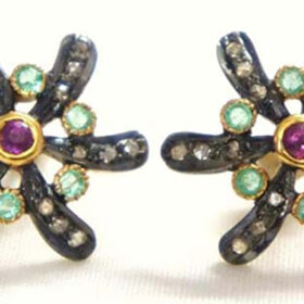 antique earrings 2.12 Tcw Emerald, Ruby Rose Cut Diamond 925 Sterling Silver victorian jewelry