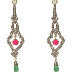polki earrings 5.4 Tcw emerald, ruby, pearl Rose Cut Diamond 925 Sterling Silver fine antique jewelry