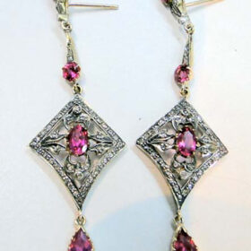 victorian earrings 4.76 Tcw Pink Tourmaline Rose Cut Diamond 925 Sterling Silver fine antique jewelry