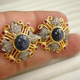 vintage earrings 2.1 Tcw Ruby, Blue Sapphire Rose Cut Diamond 925 Sterling Silver antique jewelry