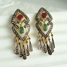 uncut earrings 2.75 Tcw Emerald, Ruby Rose Cut Diamond 925 Sterling Silver art deco jewelry