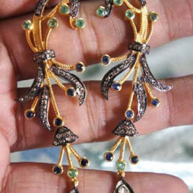 antique earrings 2.5 Tcw Emerald, Blue Sapphire Rose Cut Diamond 925 Sterling Silver victorian jewelry