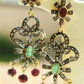 polki earrings 6 Tcw Emerald, Ruby Rose Cut Diamond 925 Sterling Silver vintage jewelry