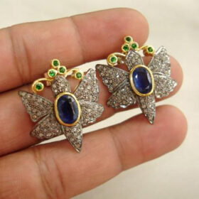 victorian earrings 4.6 Tcw Sapphire, Emerald Rose Cut Diamond 925 Sterling Silver vintage jewelry