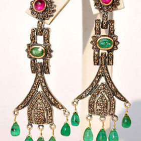 polki earrings 9.88 Tcw Emerald, Ruby Rose Cut Diamond 925 Sterling Silver vintage jewelry