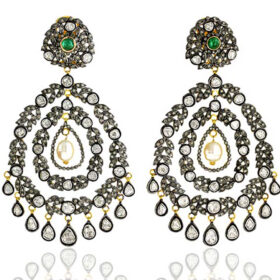 antique earrings 7.2 Tcw Emerald, Pearl Rose Cut Diamond 925 Sterling Silver vintage style jewelry