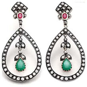 vintage earrings 4.9 Tcw Emerald, Ruby Rose Cut Diamond 925 Sterling Silver art deco jewelry