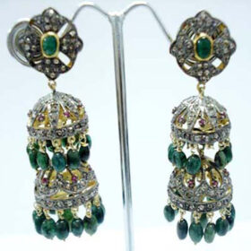 uncut earrings 22.75 Tcw Emerald, Ruby Rose Cut Diamond 925 Sterling Silver vintage diamond jewelry