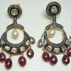 rose cut earrings 13.3 Tcw Ruby, Pearl Rose Cut Diamond 925 Sterling Silver antique vintage jewelry