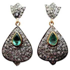 victorian earrings 5.3 Tcw Emerald Rose Cut Diamond 925 Sterling Silver vintage jewelry