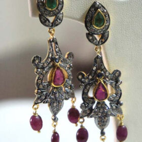 antique earrings 10.85 Tcw Emerald, Ruby Rose Cut Diamond 925 Sterling Silver victorian jewelry