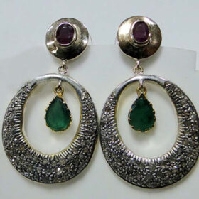 polki earrings 5.48 Tcw Emerald, Ruby Rose Cut Diamond 925 Sterling Silver fine antique jewelry
