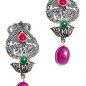 uncut earrings 4.6 Tcw Emerald, ruby Rose Cut Diamond 925 Sterling Silver antique jewelry