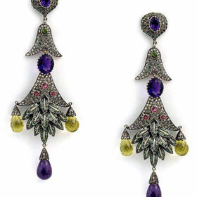 antique earrings 13 Tcw Amethyst, ruby, emerald, topaz Rose Cut Diamond 925 Sterling Silver vintage style jewelry