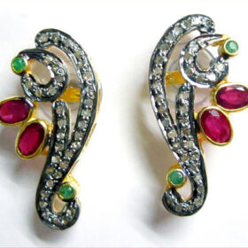 uncut earrings 3.54 Tcw Ruby, Emerald Rose Cut Diamond 925 Sterling Silver antique jewelry