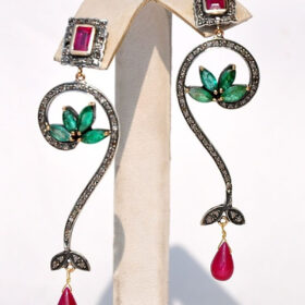 antique earrings 9.25 Tcw Ruby, Emerald Rose Cut Diamond 925 Sterling Silver victorian jewelry