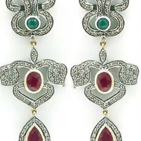 uncut earrings 9.8 Tcw Ruby, Emerald Rose Cut Diamond 925 Sterling Silver art deco jewelry