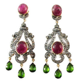 polki earrings 13 Tcw Ruby, Emerald Rose Cut Diamond 925 Sterling Silver fine antique jewelry