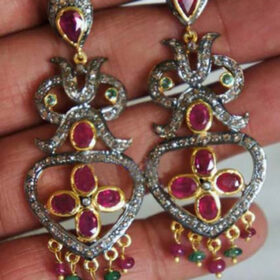 uncut earrings 15.75 Tcw Ruby, Emerald Rose Cut Diamond 925 Sterling Silver antique jewelry