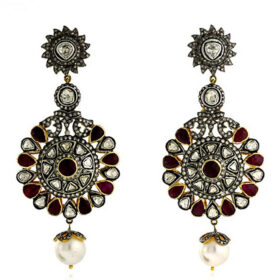 antique earrings 17.3 Tcw ruby, pearl Rose Cut Diamond 925 Sterling Silver antique vintage jewelry