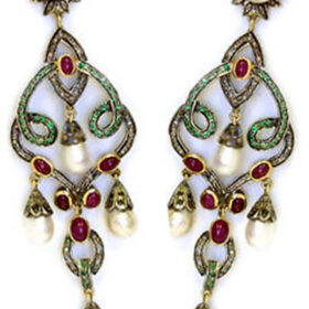 vintage earrings 15 Tcw ruby, emerald, pearl Rose Cut Diamond 925 Sterling Silver vintage diamond jewelry