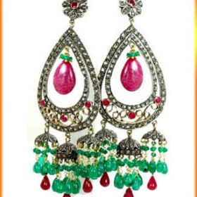 antique earrings 18.35 Tcw Ruby, Emerald Rose Cut Diamond 925 Sterling Silver victorian jewelry