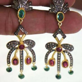 uncut earrings 12.8 Tcw Ruby, Emerald Rose Cut Diamond 925 Sterling Silver art deco jewelry