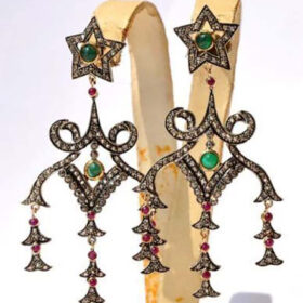 victorian earrings 5 Tcw Ruby, Emerald Rose Cut Diamond 925 Sterling Silver vintage art deco jewelry
