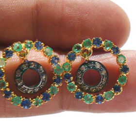 victorian earrings 2.4 Tcw Emerald, Blue Sapphire Rose Cut Diamond 925 Sterling Silver vintage art deco jewelry