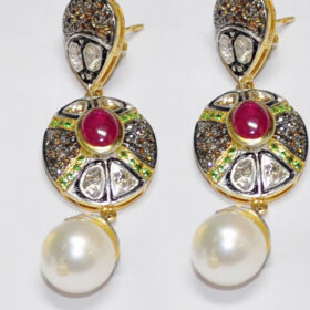 antique earrings 9.14 Tcw Ruby, Pearl, Emerald Rose Cut Diamond 925 Sterling Silver antique vintage jewelry
