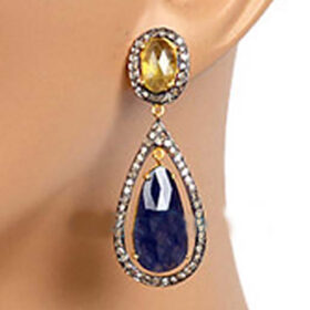 vintage earrings 18.4 Tcw blue sapphire, golden topaz Rose Cut Diamond 925 Sterling Silver art deco jewelry