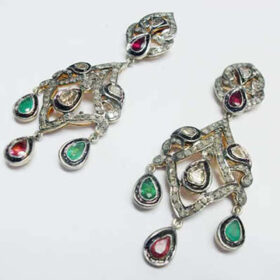 uncut earrings 7.9 Tcw Emerald, Ruby Rose Cut Diamond 925 Sterling Silver vintage diamond jewelry