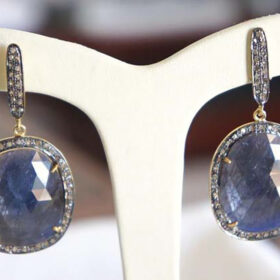 antique earrings 5.35 Tcw Blue Sapphire Rose Cut Diamond 925 Sterling Silver vintage style jewelry