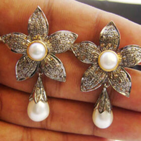 rose cut earrings 3.56 Tcw Pearl Rose Cut Diamond 925 Sterling Silver antique vintage jewelry