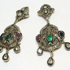 polki earrings 5.75 Tcw Emerald, Ruby Rose Cut Diamond 925 Sterling Silver vintage art deco jewelry